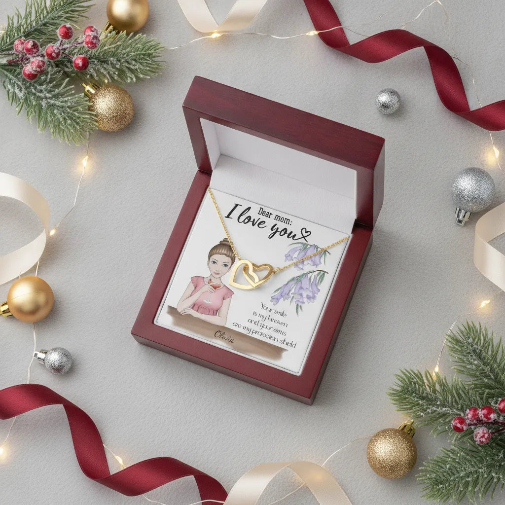 Personalized Interlocking Hearts Necklace for Mom – Dear Mom I Love You | Custom Portrait & Name Gift from Daughter or Son