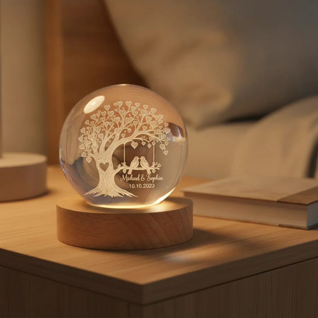 Personalized Lovebirds Tree Crystal Ball Night Light