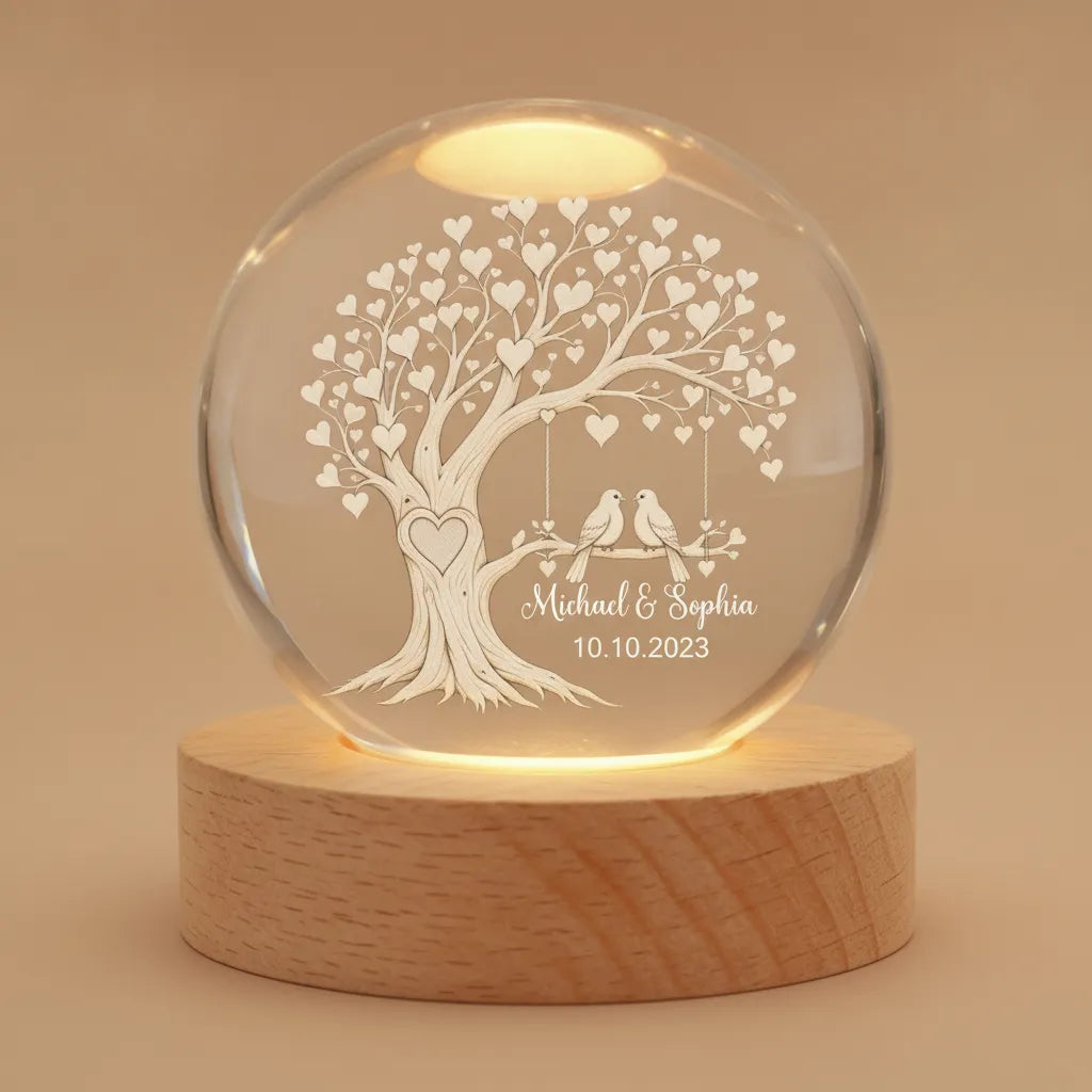 Personalized Lovebirds Tree Crystal Ball Night Light