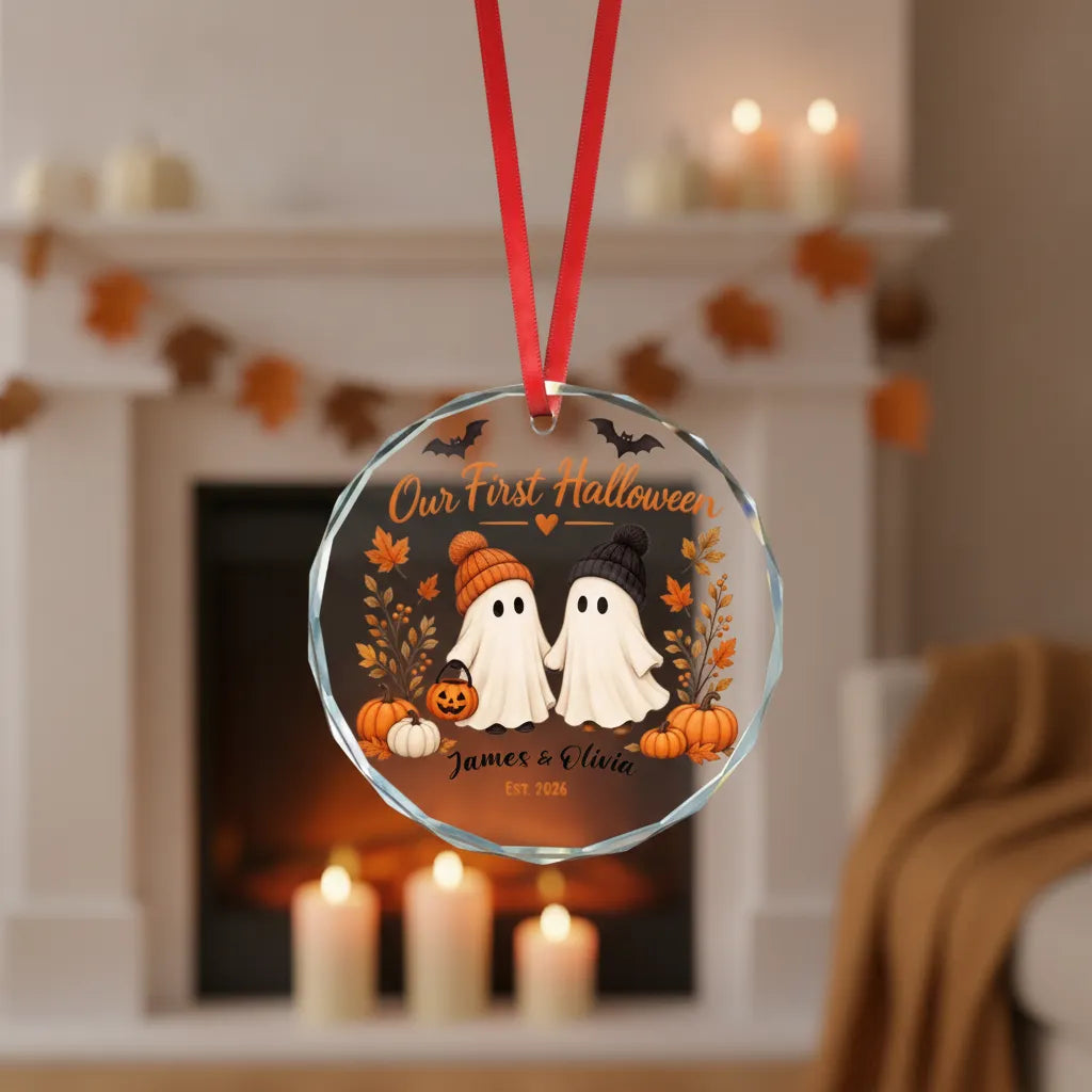 Our First Halloween Personalized Glass Ornament – Couple Names & Year