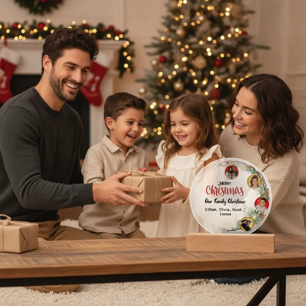 Personalized Family Christmas Acrylic Photo Plaque – Custom 4 Photo LED Night Light with Names