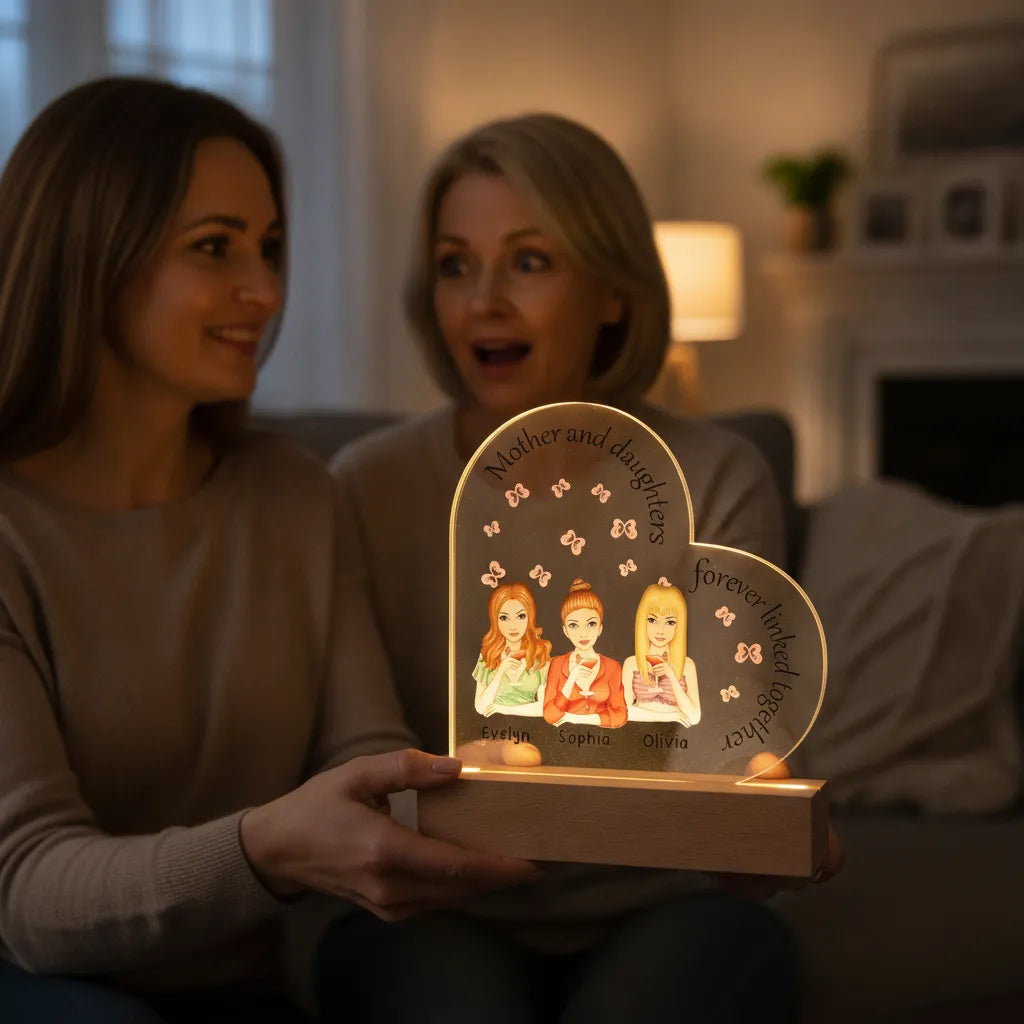 Personalized Mother & Daughters Acrylic Heart LED Night Light – Custom Mom Gift