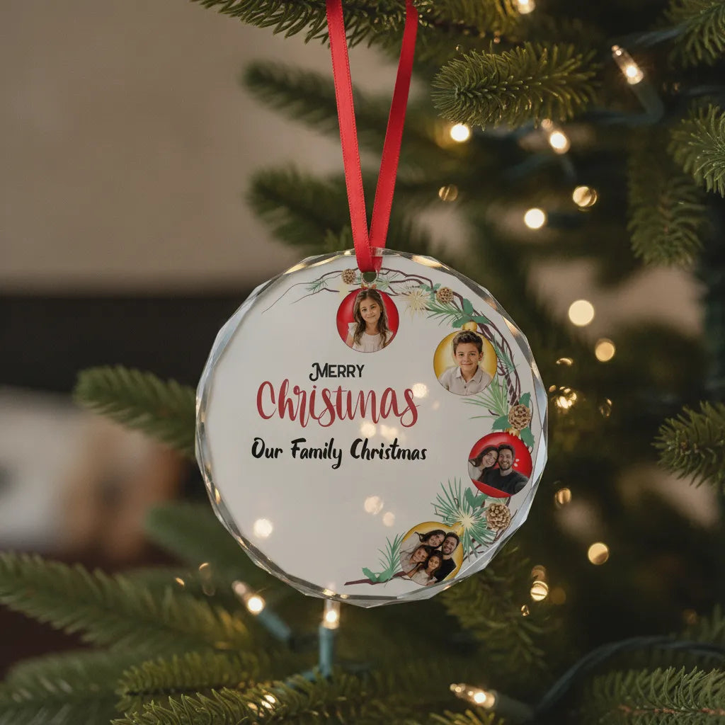 Personalized Family Photo Christmas Ornament – Custom 2–4 Photos & Family Title