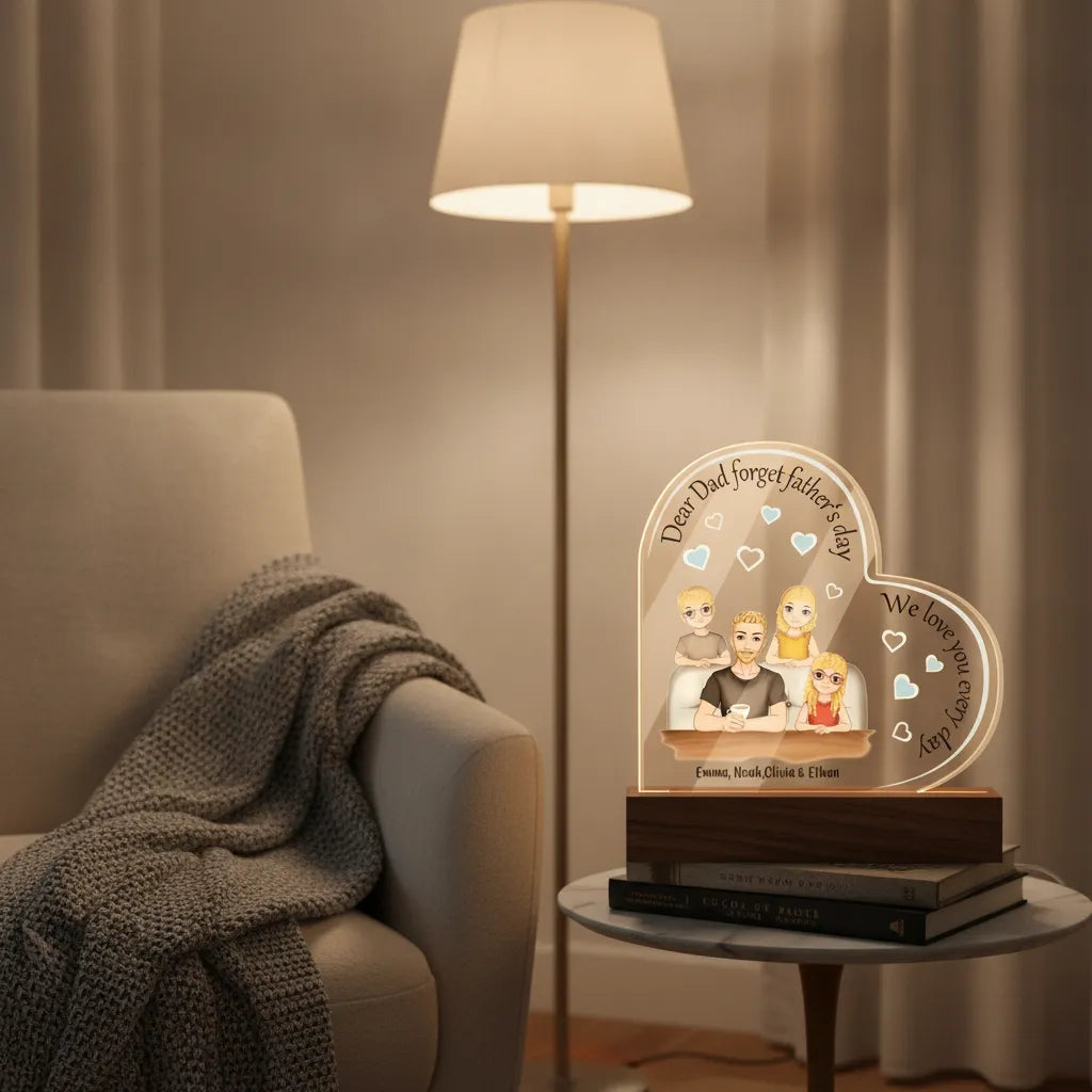 Personalized Dad & Kids Acrylic Heart LED Night Light – Custom Father’s Day Gift with Names