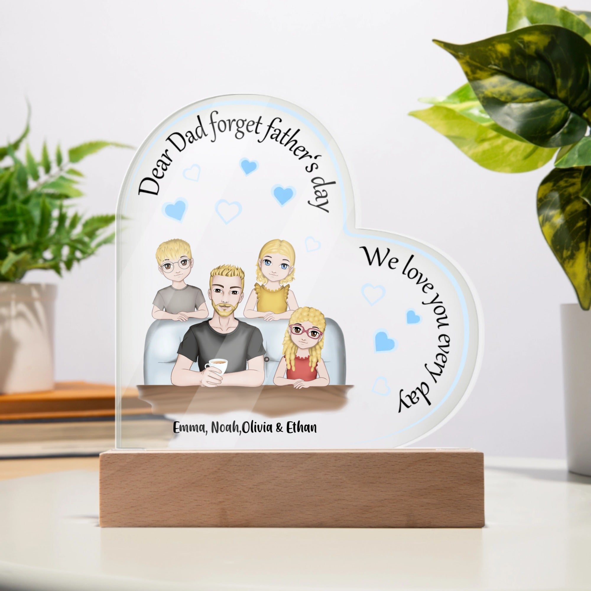 Personalized Dad & Kids Acrylic Heart LED Night Light – Custom Father’s Day Gift with Names
