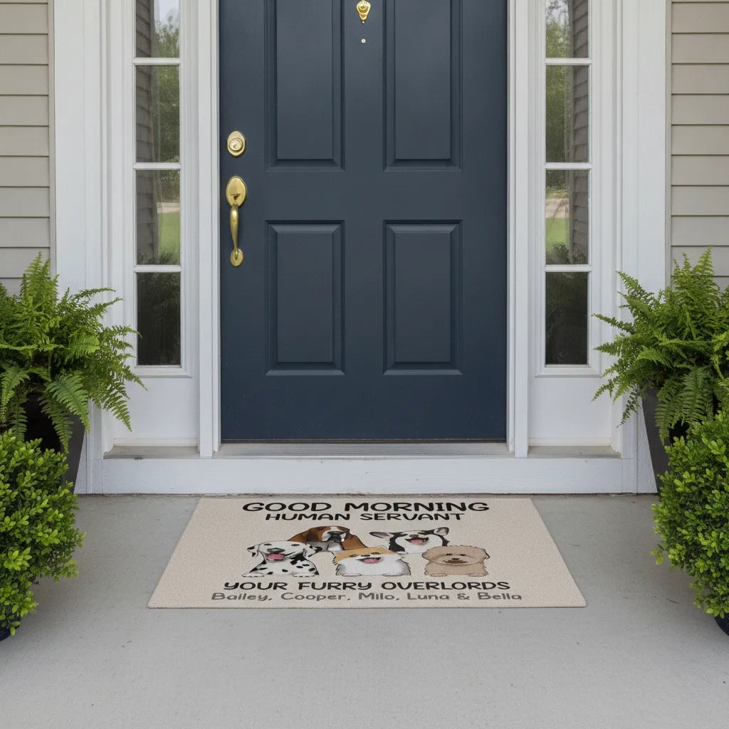 Personalized Dog Doormat – Good Morning Human Servant Custom Pet Mat with Names