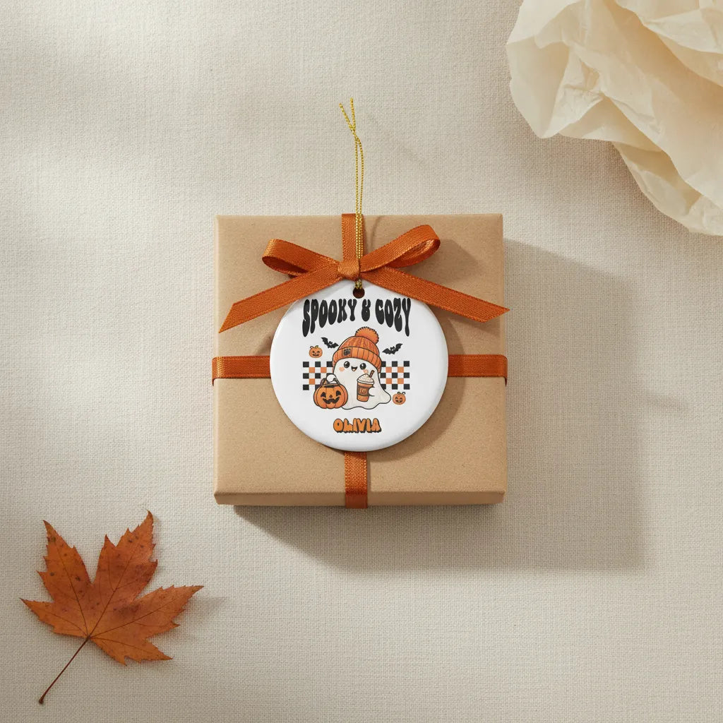 Personalized Spooky & Cozy Ghost Ceramic Ornament – Custom Title & Name