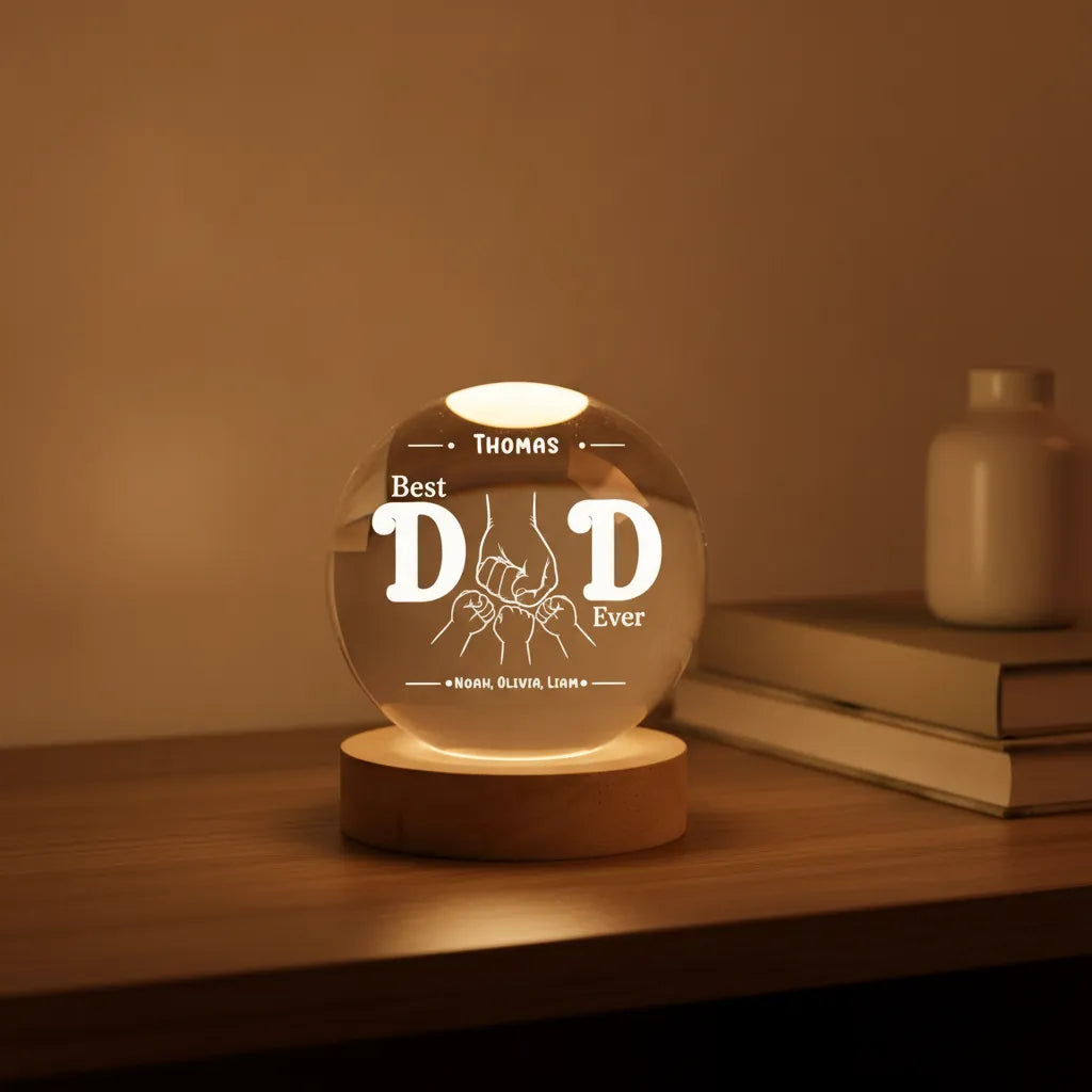 Best Dad Ever Fist Bump – Personalized Crystal Ball Night Light with Kids’ Names – Gift for Dad