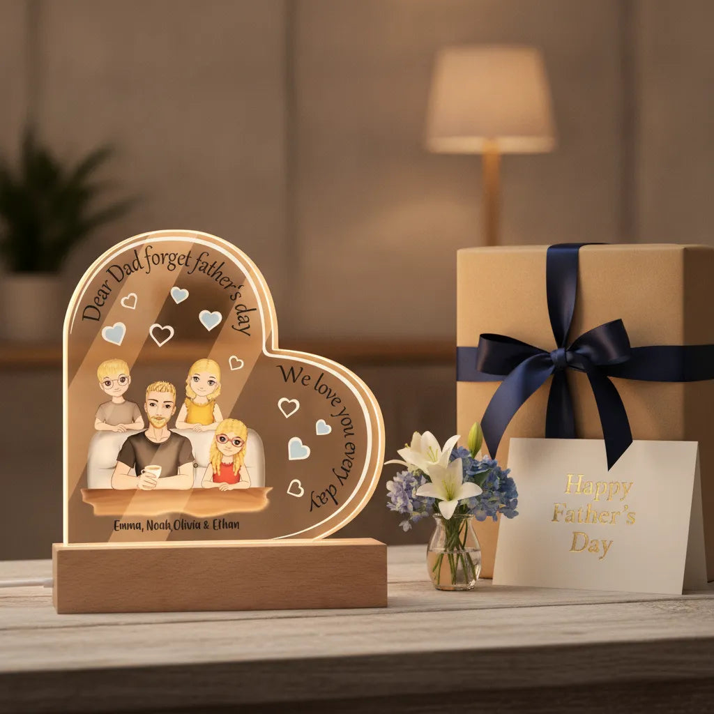 Personalized Dad & Kids Acrylic Heart LED Night Light – Custom Father’s Day Gift with Names