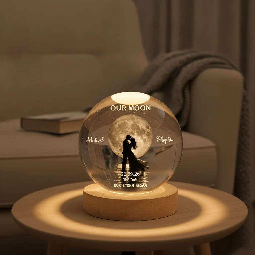 Our Moon Couple Silhouette – Personalized Moon Phase Crystal Ball LED Night Light, Anniversary, Wedding & Valentine's Day Gift for Her or Him
