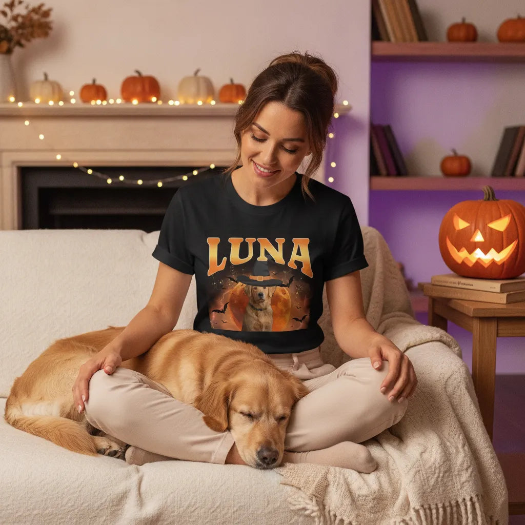 Personalized Halloween Pet T-Shirt – Custom Dog or Cat Name Spooky Moon Shirt