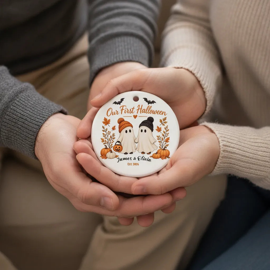 Our First Halloween Personalized Ceramic Ornament – Couple Names & Year