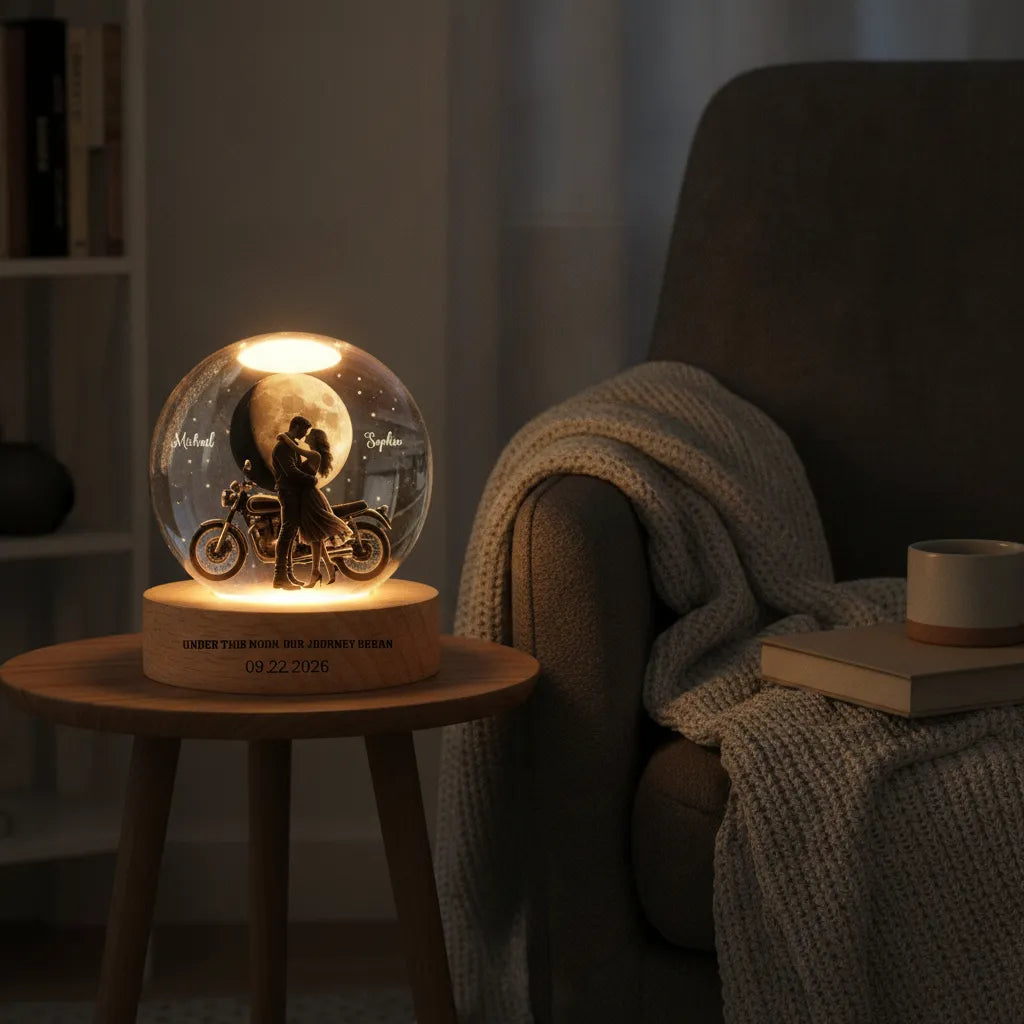 Under This Moon, Our Journey Began – Personalized Motorcycle Couple Moon Phase Crystal Ball LED Lamp with Engraved Base, Anniversary, Birthday & Valentine’s Day Gift for Her or Him