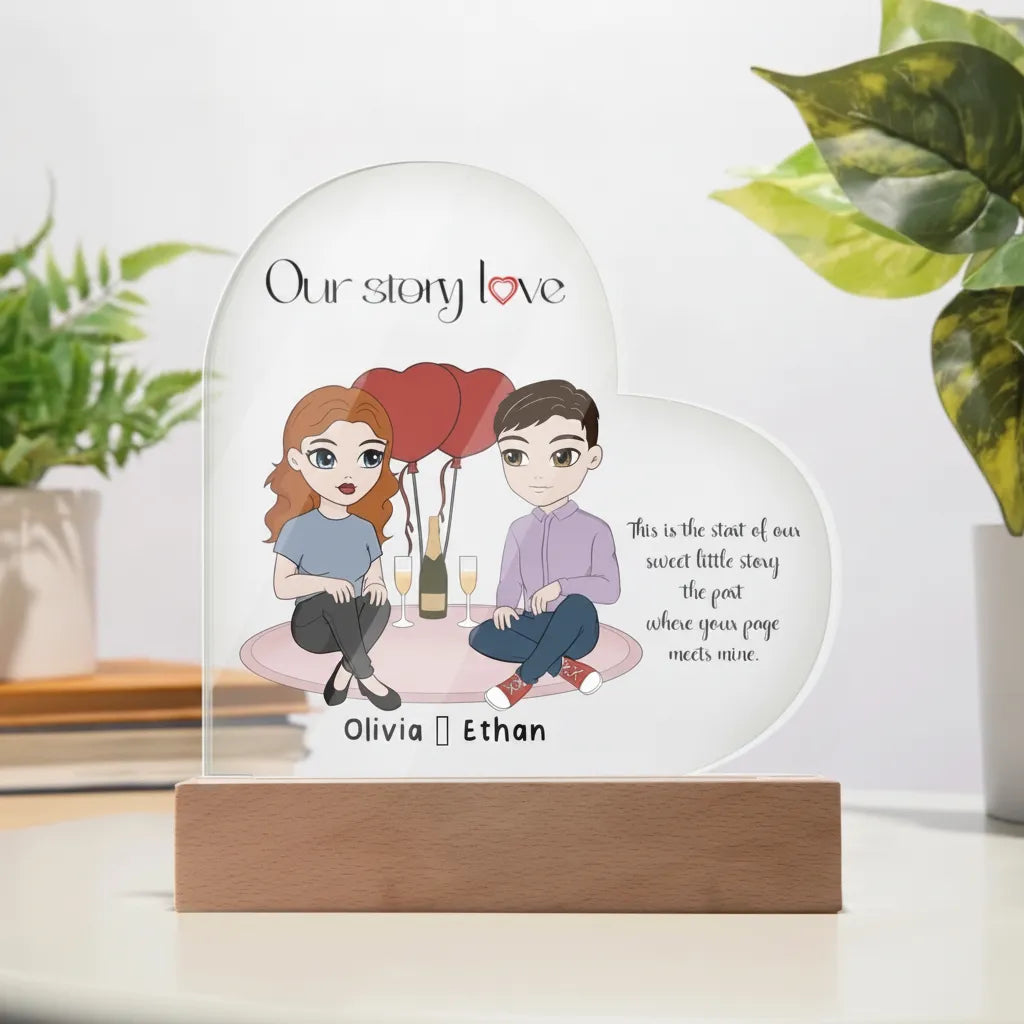 Personalized Couple Acrylic Heart LED Night Light – Custom Our Story Anniversary Gift