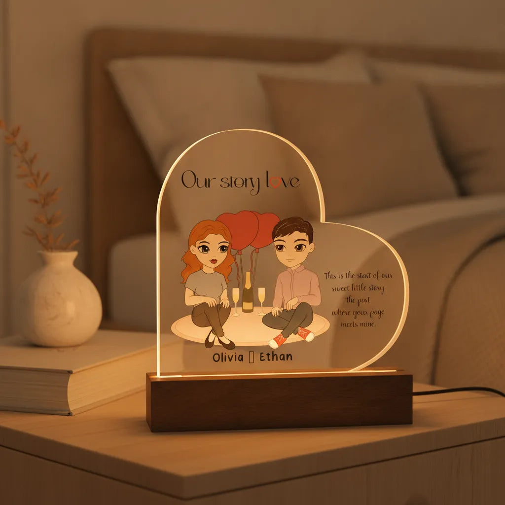 Personalized Couple Acrylic Heart LED Night Light – Custom Our Story Anniversary Gift