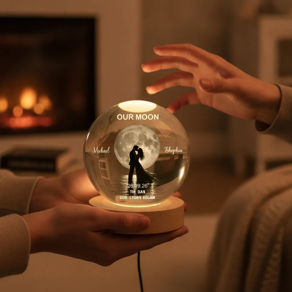 Our Moon Couple Silhouette – Personalized Moon Phase Crystal Ball LED Night Light, Anniversary, Wedding & Valentine's Day Gift for Her or Him