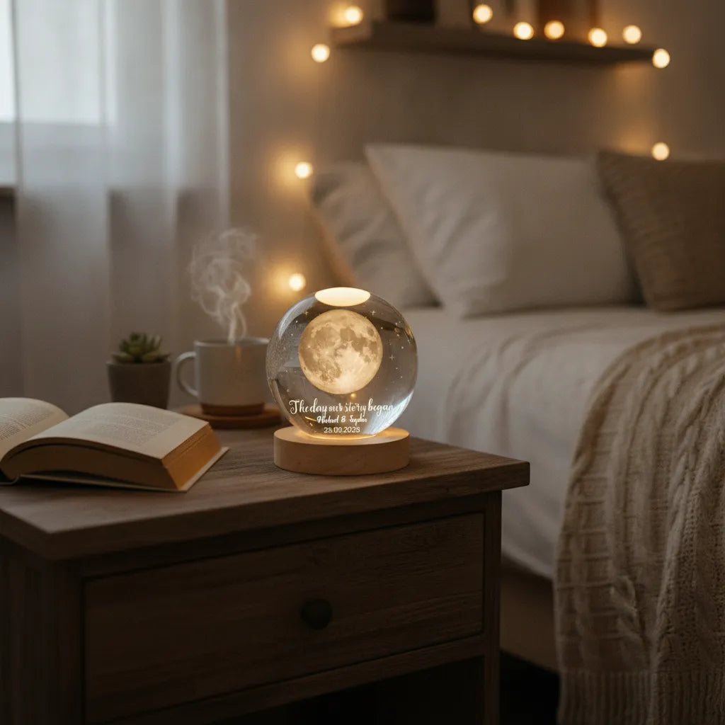 The Day Our Story Began – Personalized Moon Phase Crystal Ball LED Night Light with Names & Message, Anniversary, Wedding & Valentine's Day Gift for Her or Him