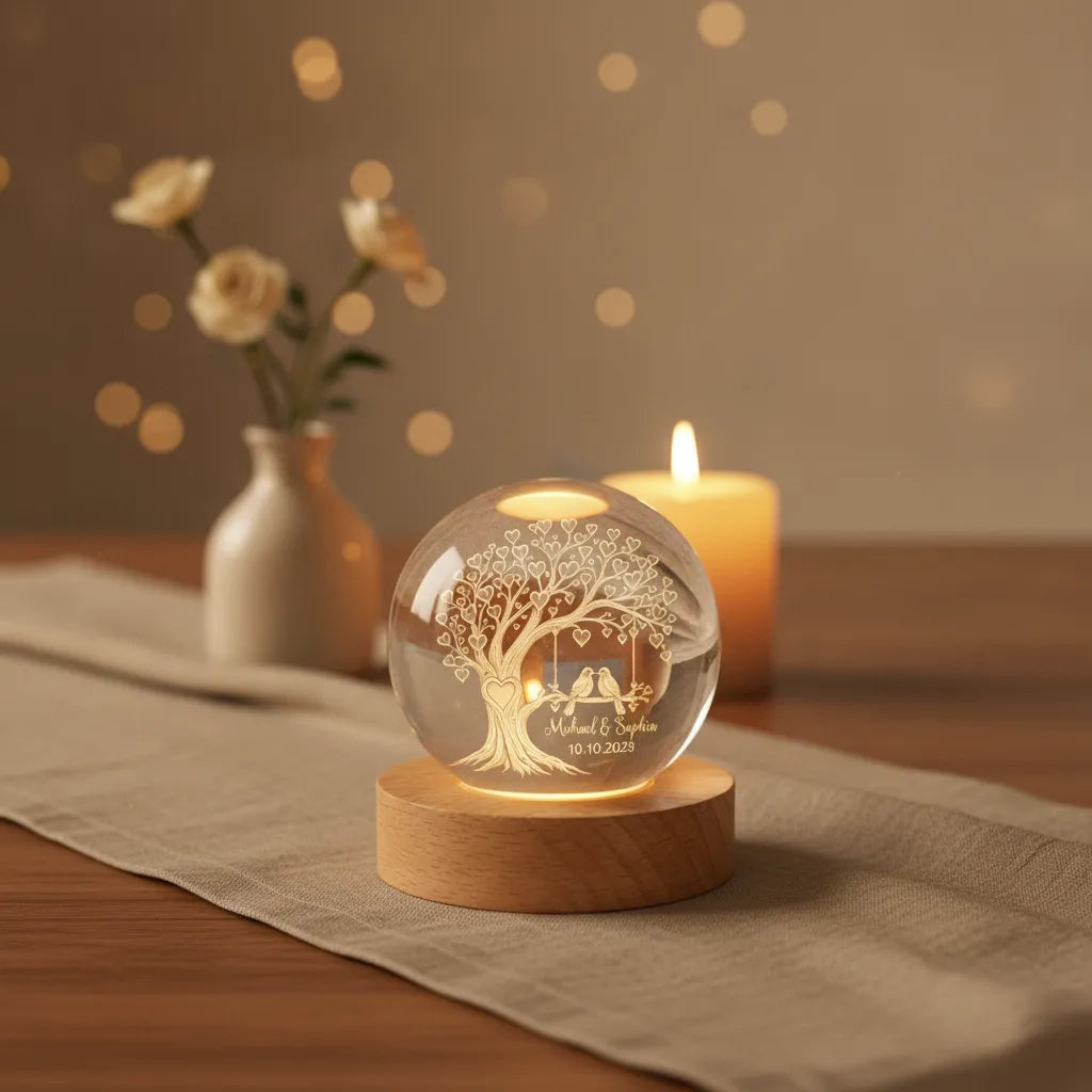 Personalized Lovebirds Tree Crystal Ball Night Light