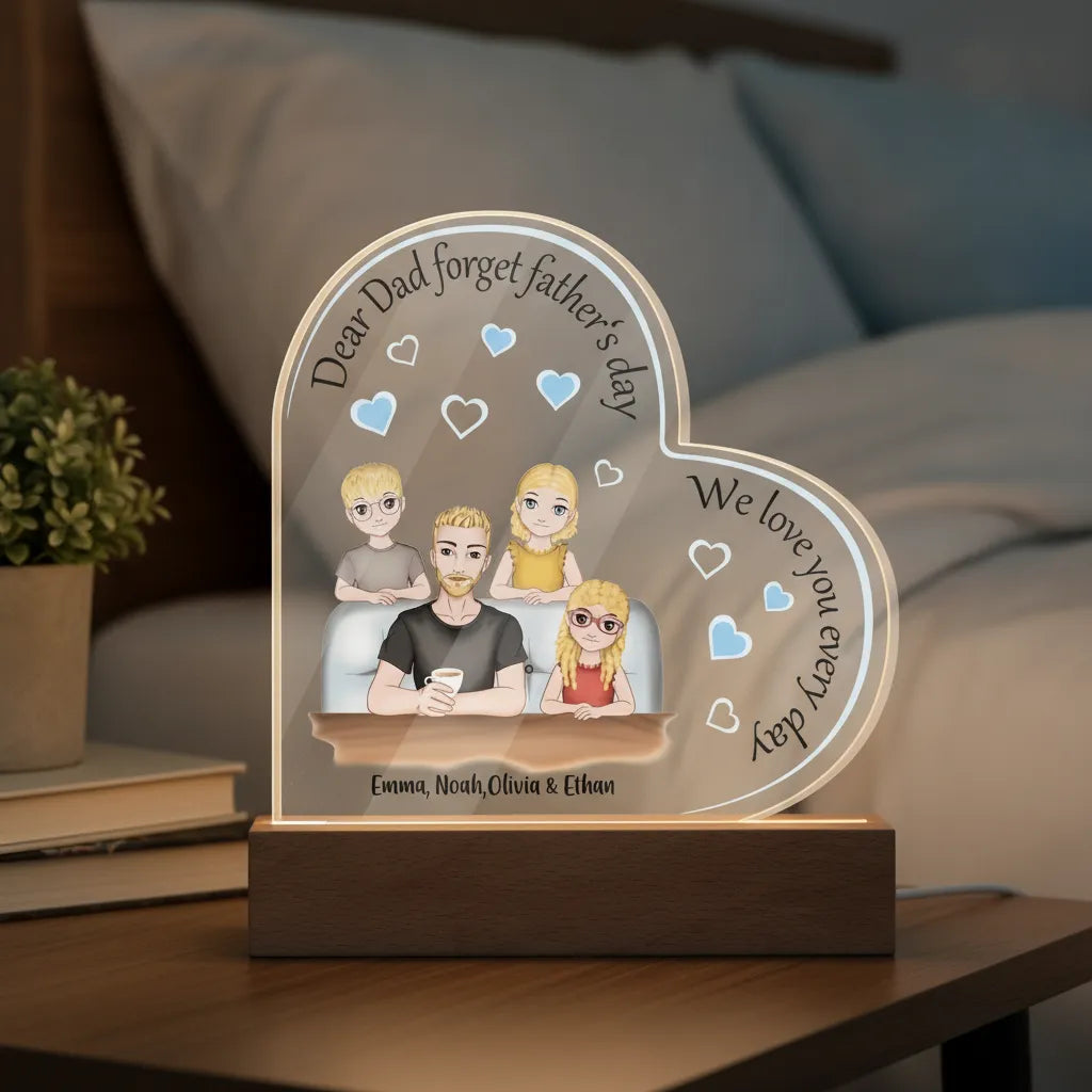 Personalized Dad & Kids Acrylic Heart LED Night Light – Custom Father’s Day Gift with Names