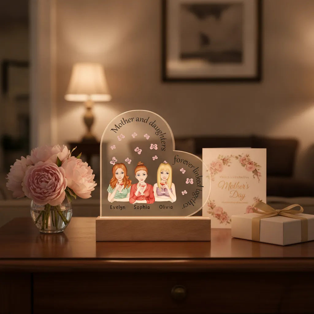 Personalized Mother & Daughters Acrylic Heart LED Night Light – Custom Mom Gift
