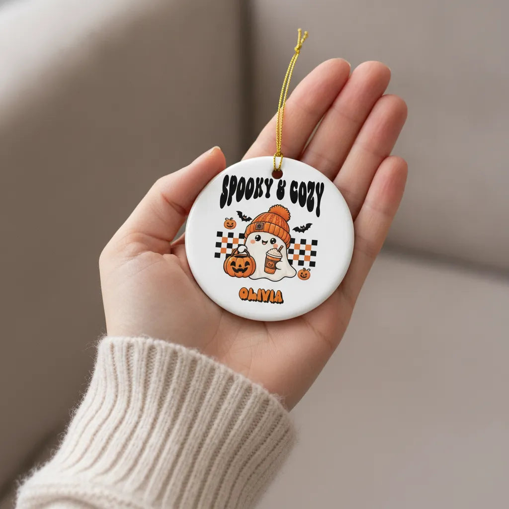 Personalized Spooky & Cozy Ghost Ceramic Ornament – Custom Title & Name
