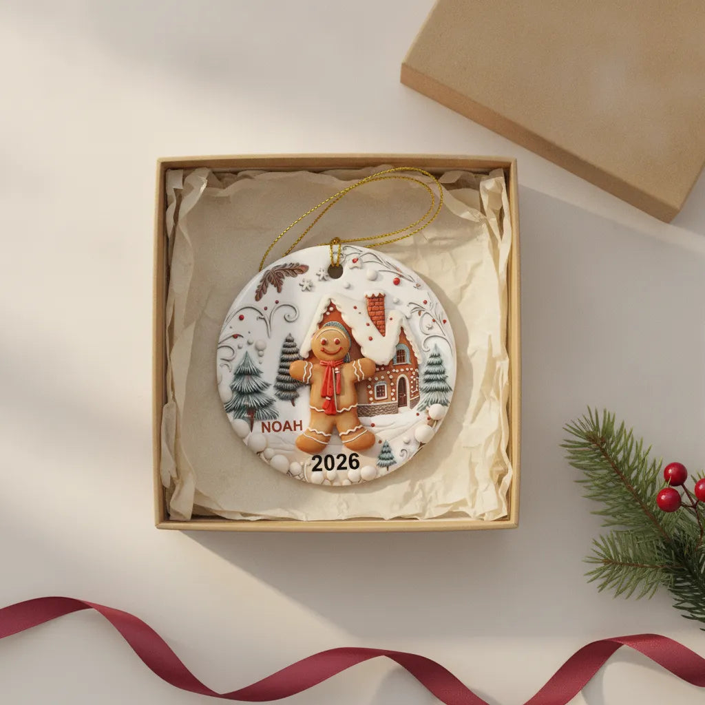 Personalized Gingerbread 3D Relief Ceramic Christmas Ornament