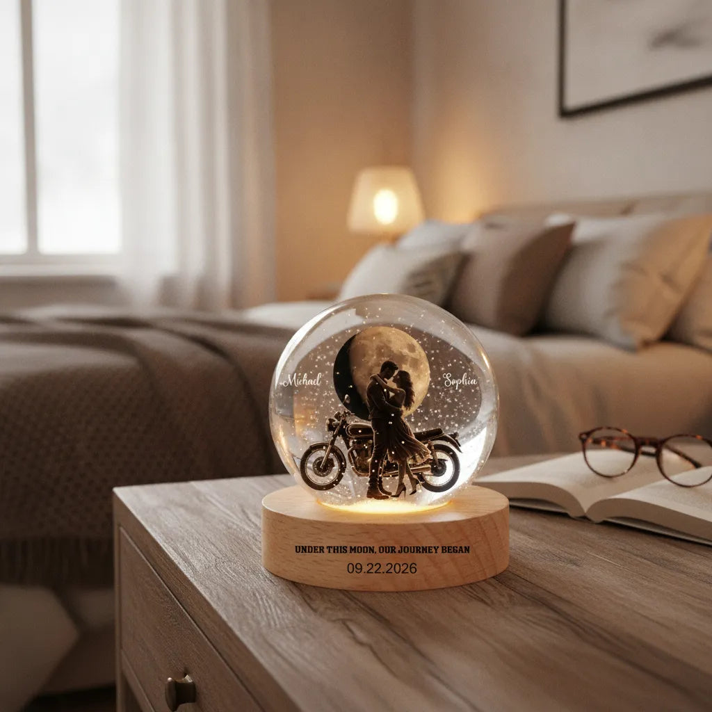 Under This Moon, Our Journey Began – Personalized Motorcycle Couple Moon Phase Crystal Ball LED Lamp with Engraved Base, Anniversary, Birthday & Valentine’s Day Gift for Her or Him