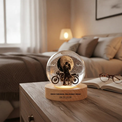 Under This Moon, Our Journey Began – Personalized Motorcycle Couple Moon Phase Crystal Ball LED Lamp with Engraved Base, Anniversary, Birthday & Valentine’s Day Gift for Her or Him
