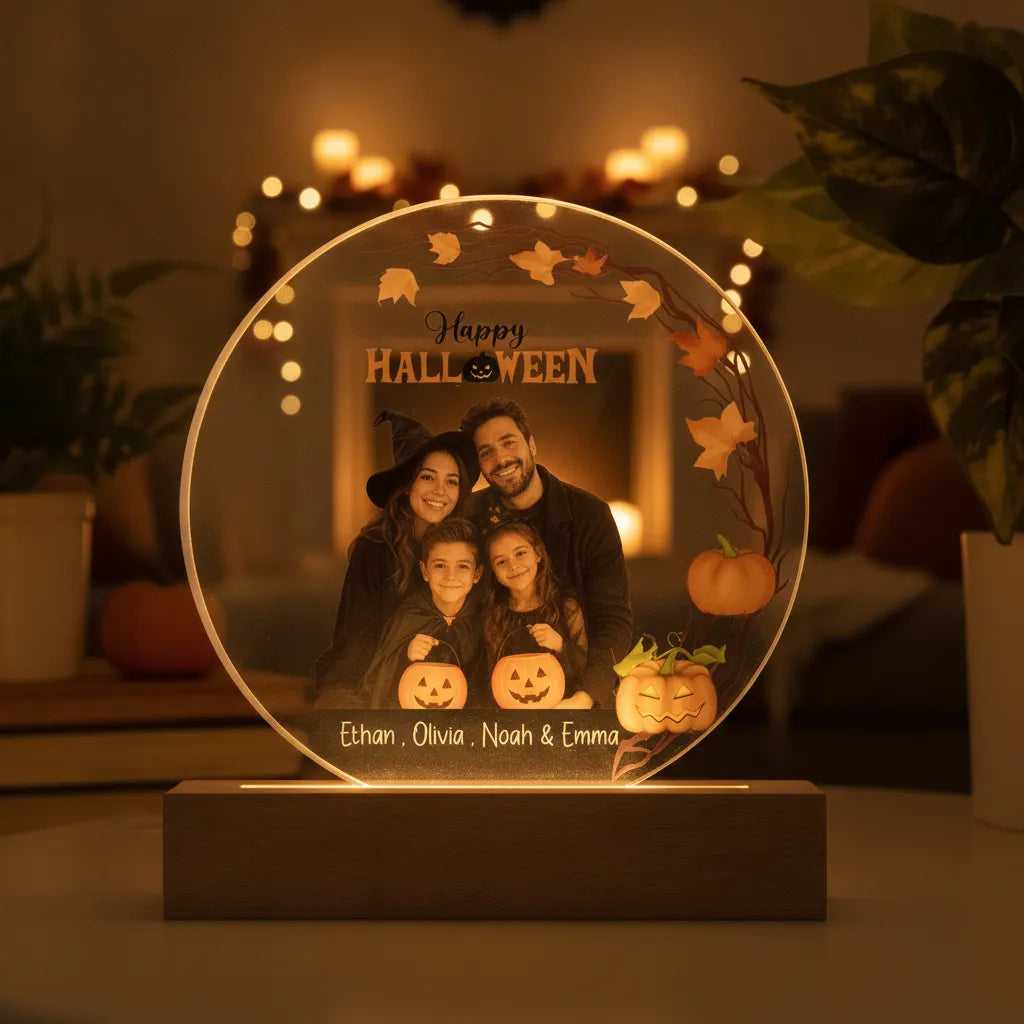 Personalized Family Halloween Acrylic LED Night Light – Custom Photo Gift with Names