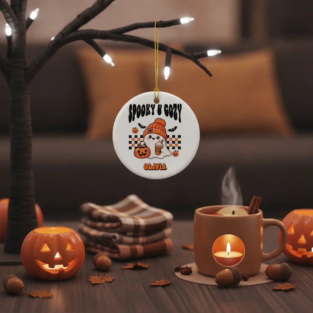 Personalized Spooky & Cozy Ghost Ceramic Ornament – Custom Title & Name
