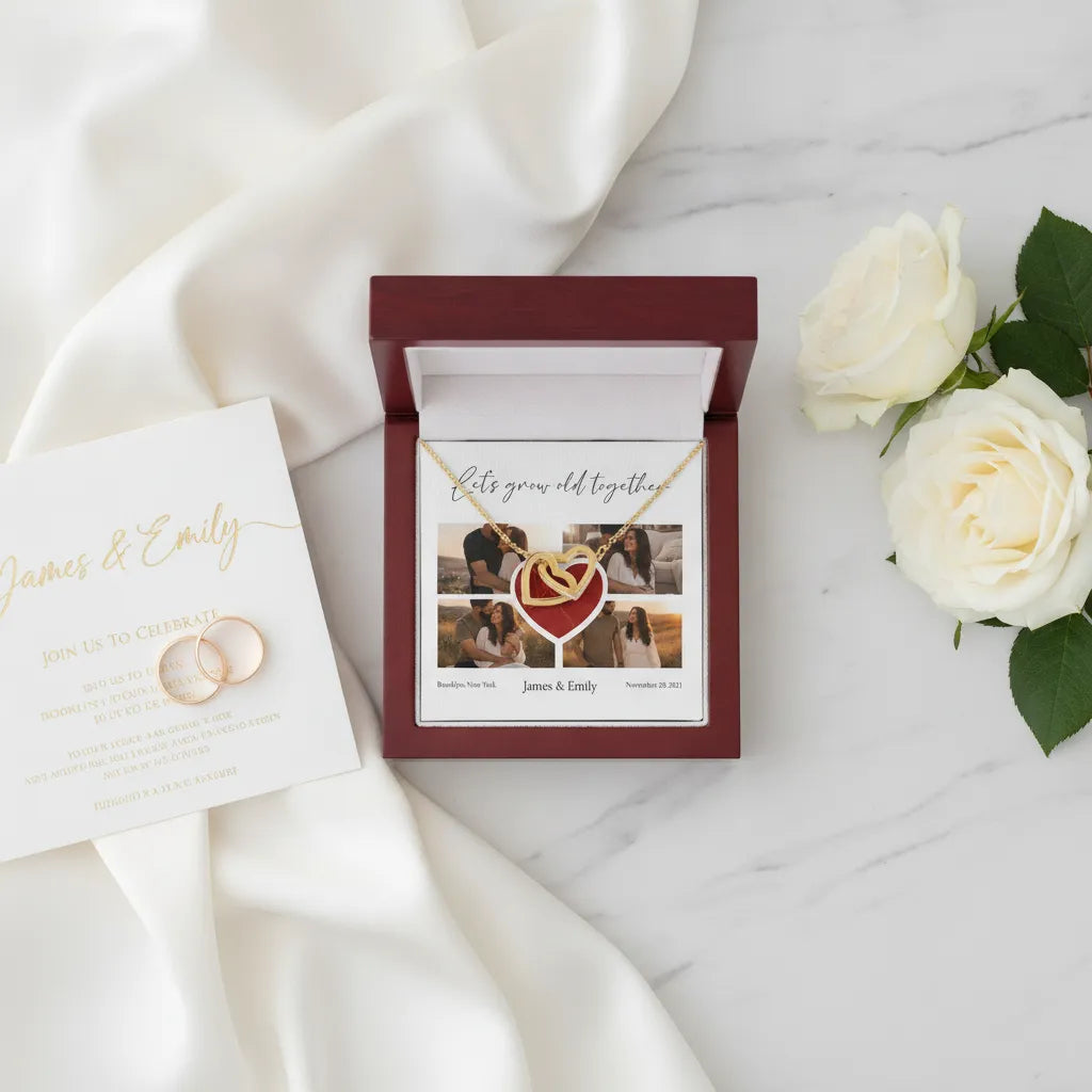 Personalized Interlocking Hearts Necklace with Custom Photo Collage & Location Map – Anniversary Gift for Couples