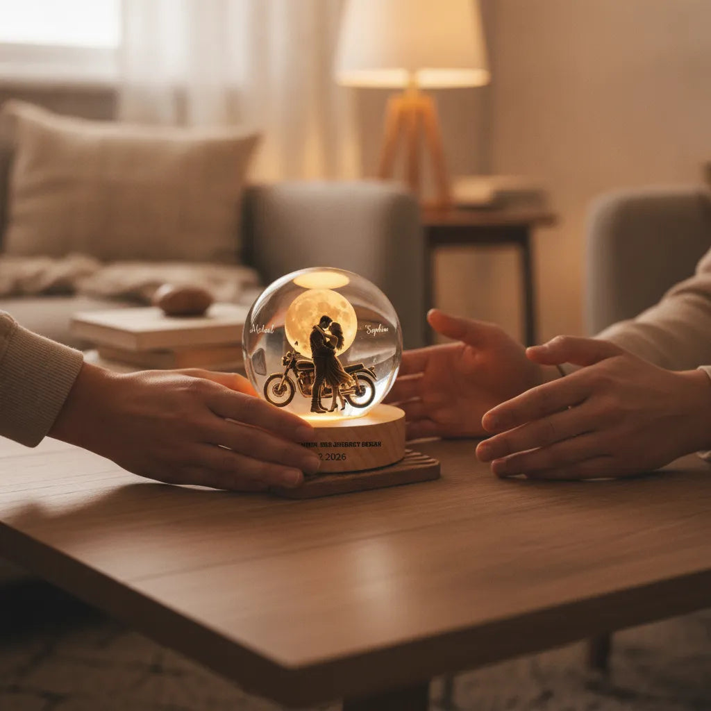 Under This Moon, Our Journey Began – Personalized Motorcycle Couple Moon Phase Crystal Ball LED Lamp with Engraved Base, Anniversary, Birthday & Valentine’s Day Gift for Her or Him