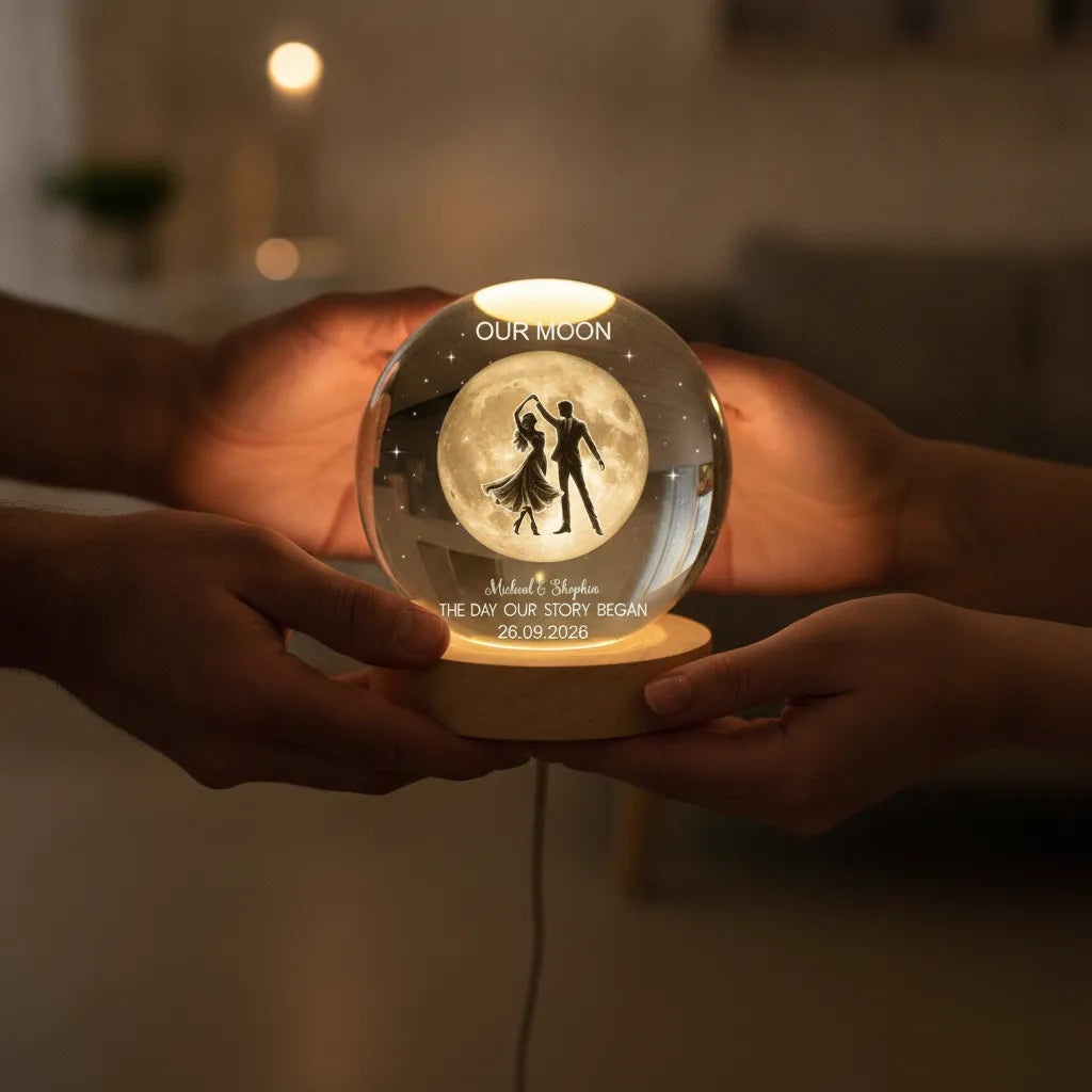 Dancing in the Moonlight – Personalized Moon Phase Crystal Ball LED Night Light, Anniversary, Wedding & Valentine’s Day Gift for Her or Him