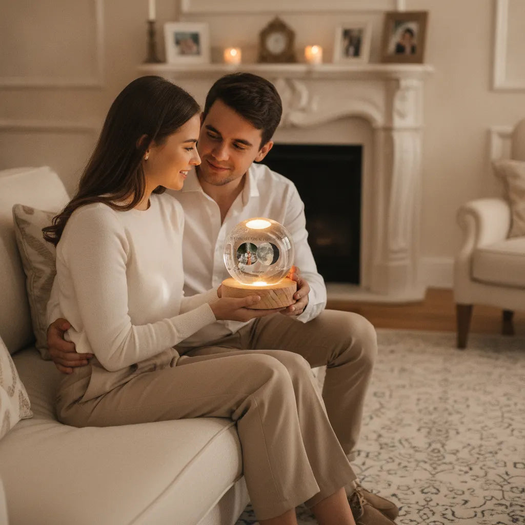 Personalized Moon Phase Crystal Globe Lamp for Couples – Custom Photo, Names & Special Date