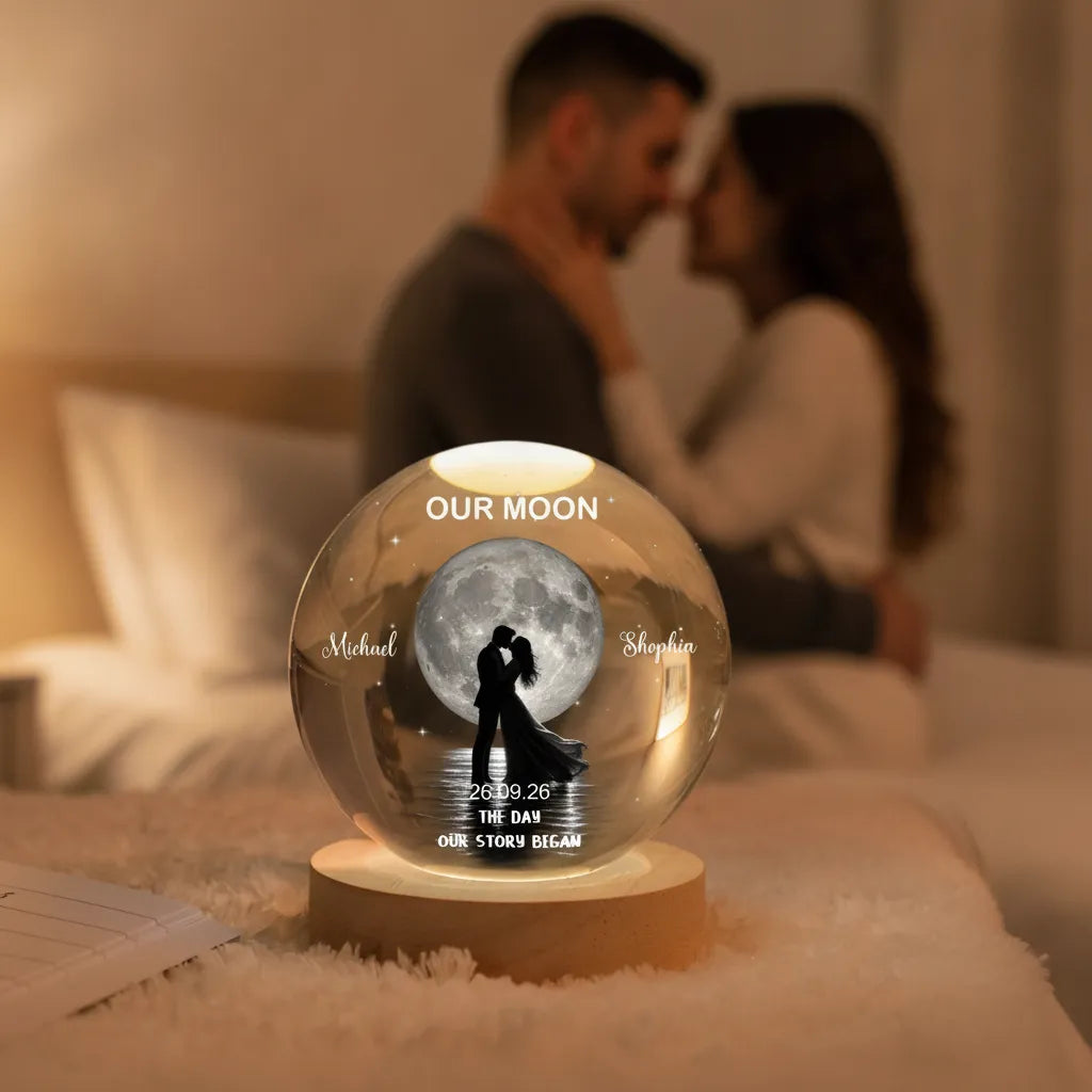 Our Moon Couple Silhouette – Personalized Moon Phase Crystal Ball LED Night Light, Anniversary, Wedding & Valentine's Day Gift for Her or Him