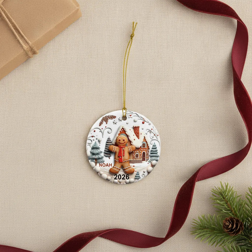 Personalized Gingerbread 3D Relief Ceramic Christmas Ornament