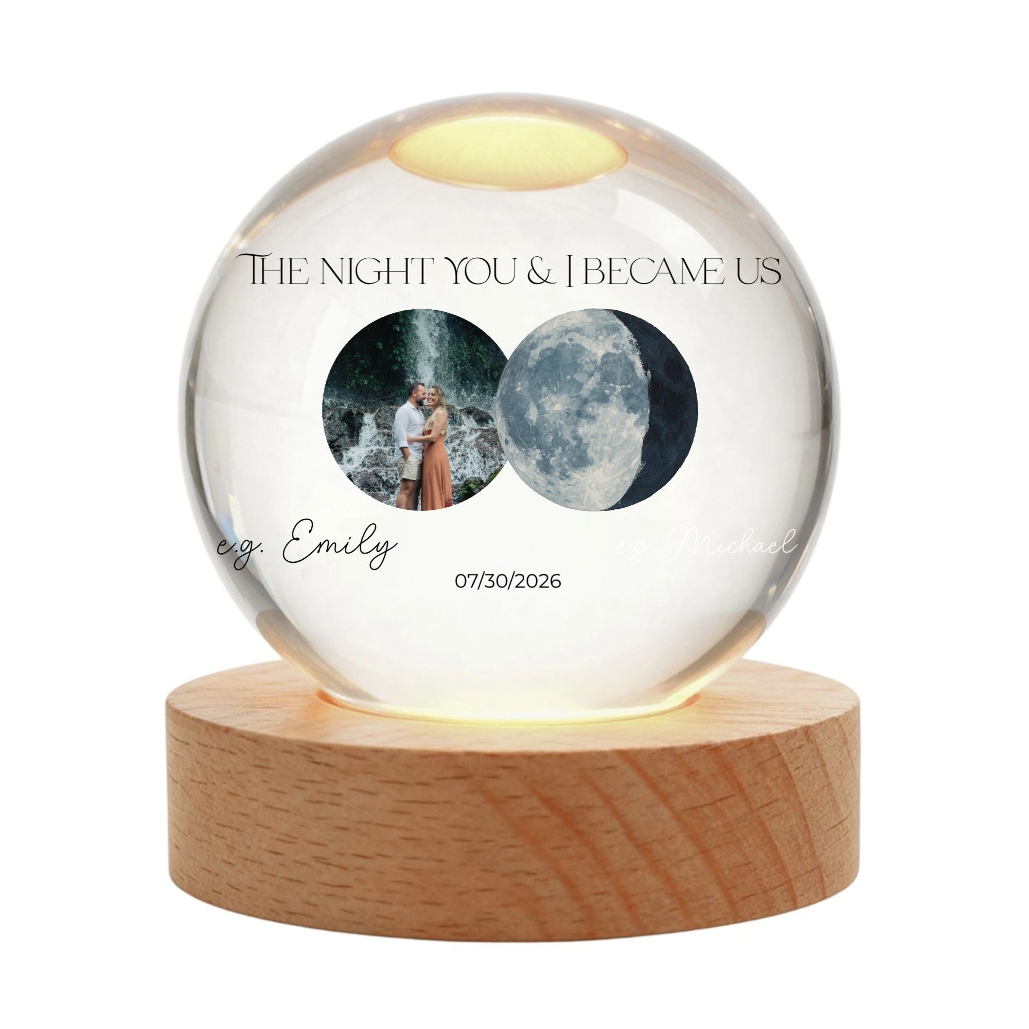 Personalized Moon Phase Crystal Globe Lamp for Couples – Custom Photo, Names & Special Date
