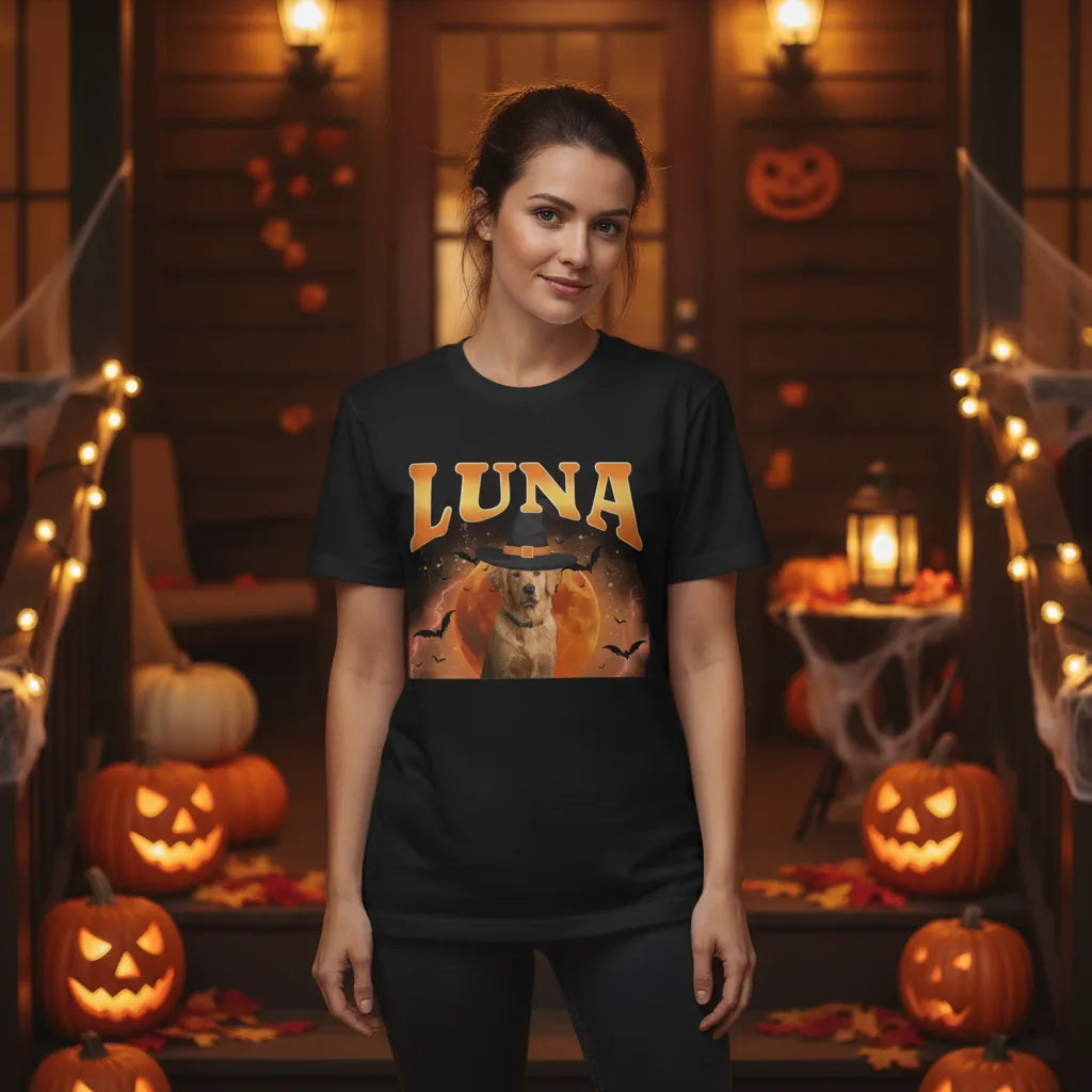 Personalized Halloween Pet T-Shirt – Custom Dog or Cat Name Spooky Moon Shirt